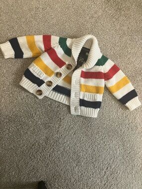 Kids Cream Striped Knit Cardigan Sweater with Multi-Color Bands